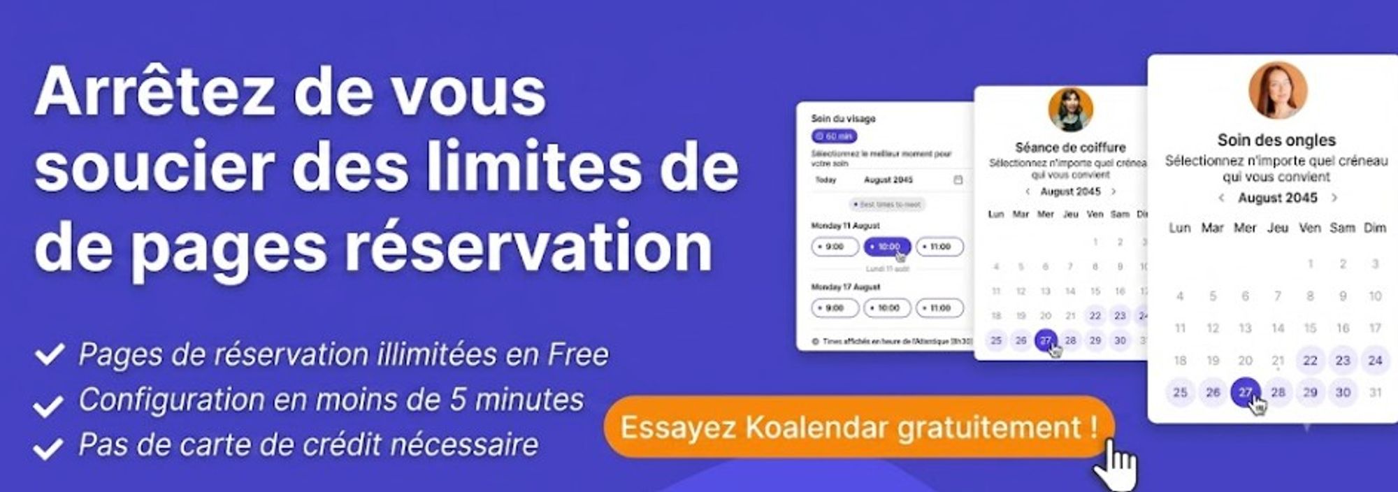 bannière de Koalendar mentionnant l’absence de limites de réservation, pouvant être considérée comme une alternative aux fonctionnalités de YouCanBook.me